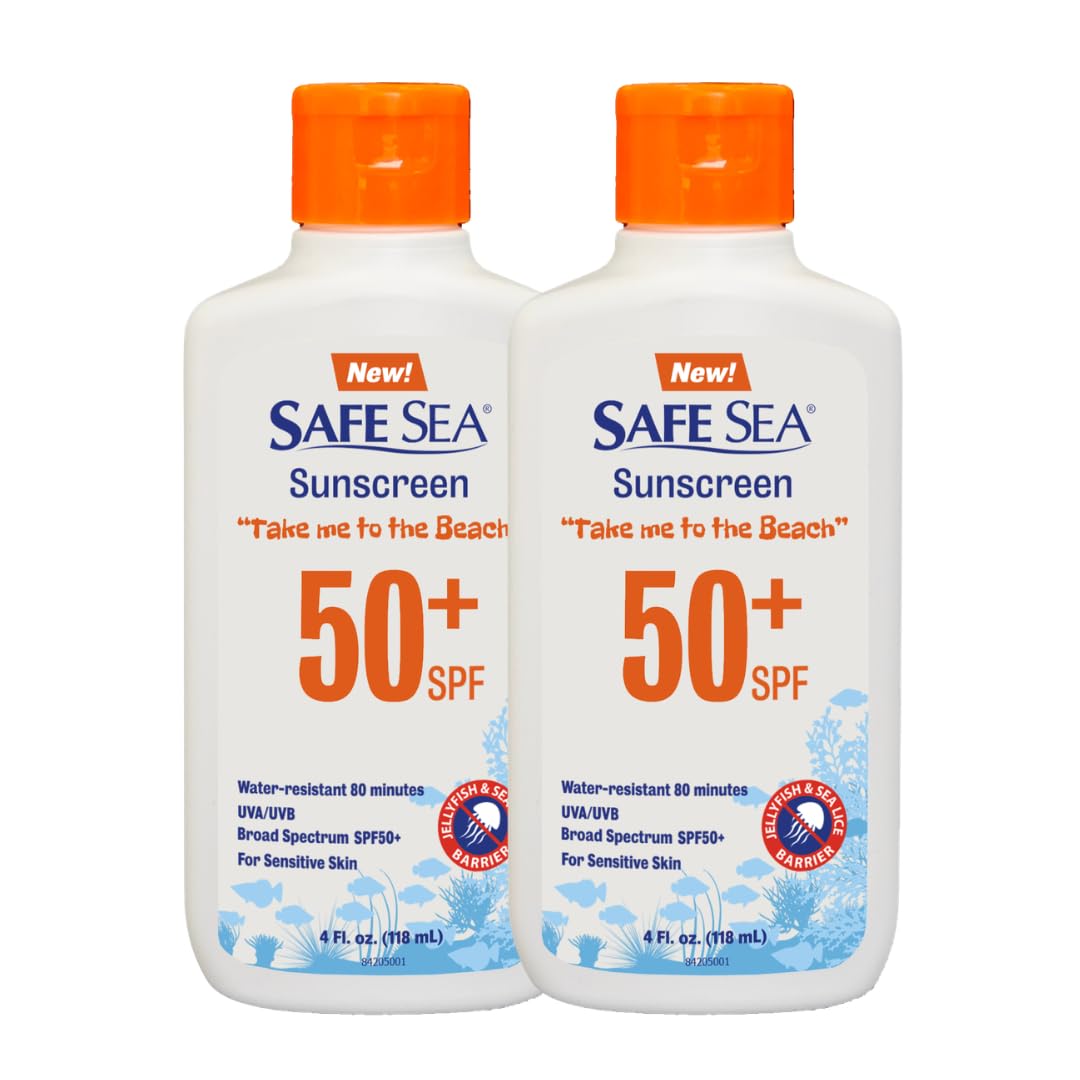 SAFE SEA front packaging of 4oz bottle showing SPF 50+ protection and sting-blocking benefit
