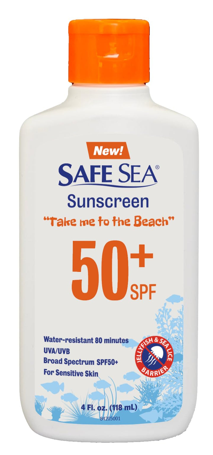 SAFE SEA front packaging 4oz showing SPF 50 and waterproof benefit