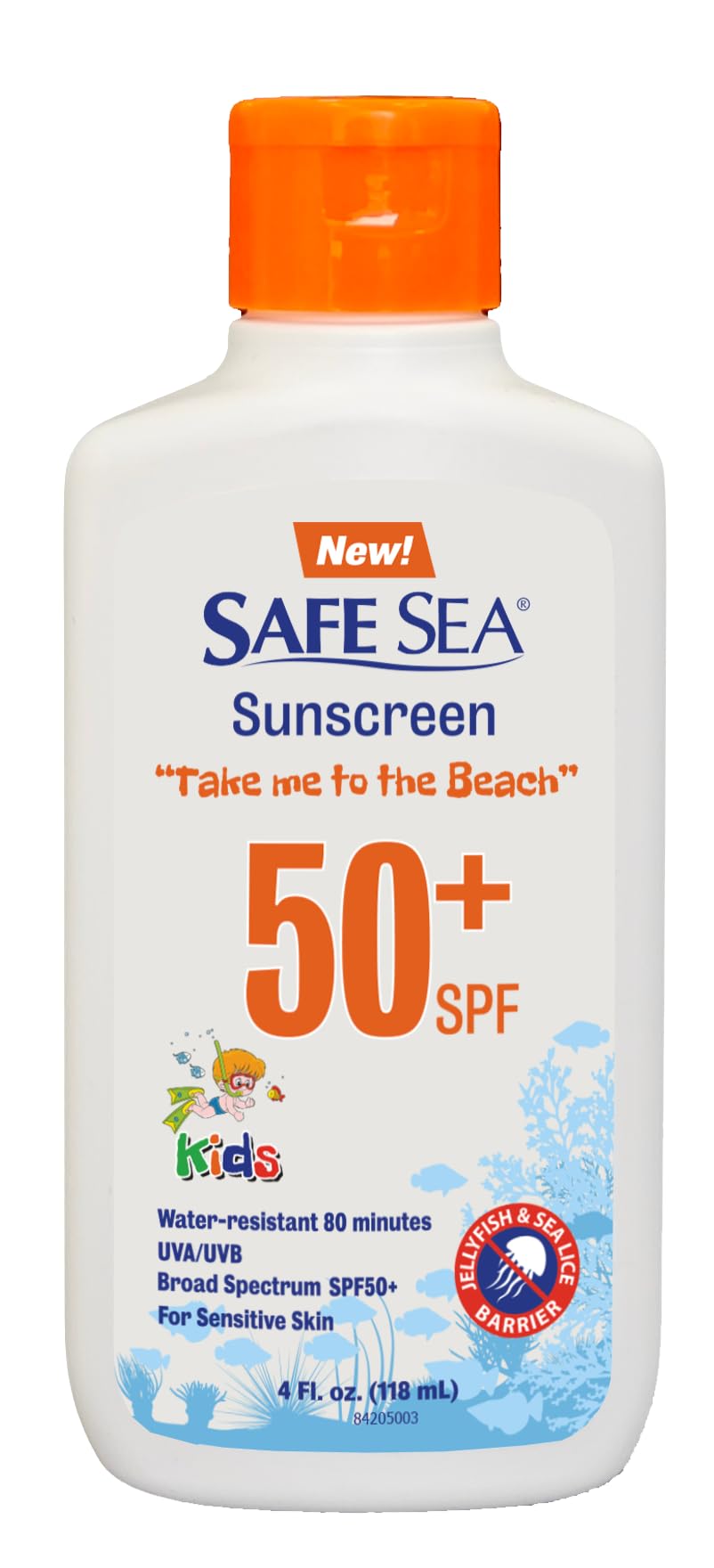 SAFE SEA front packaging 4oz bottle showing label and SPF 50 benefit