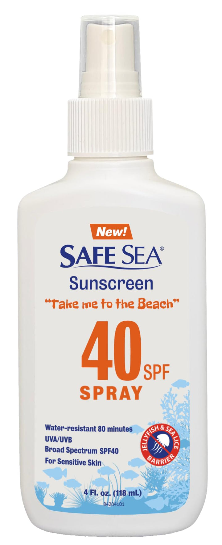 SAFE SEA front packaging spray showing SPF 40+ protection and sting-blocking benefit