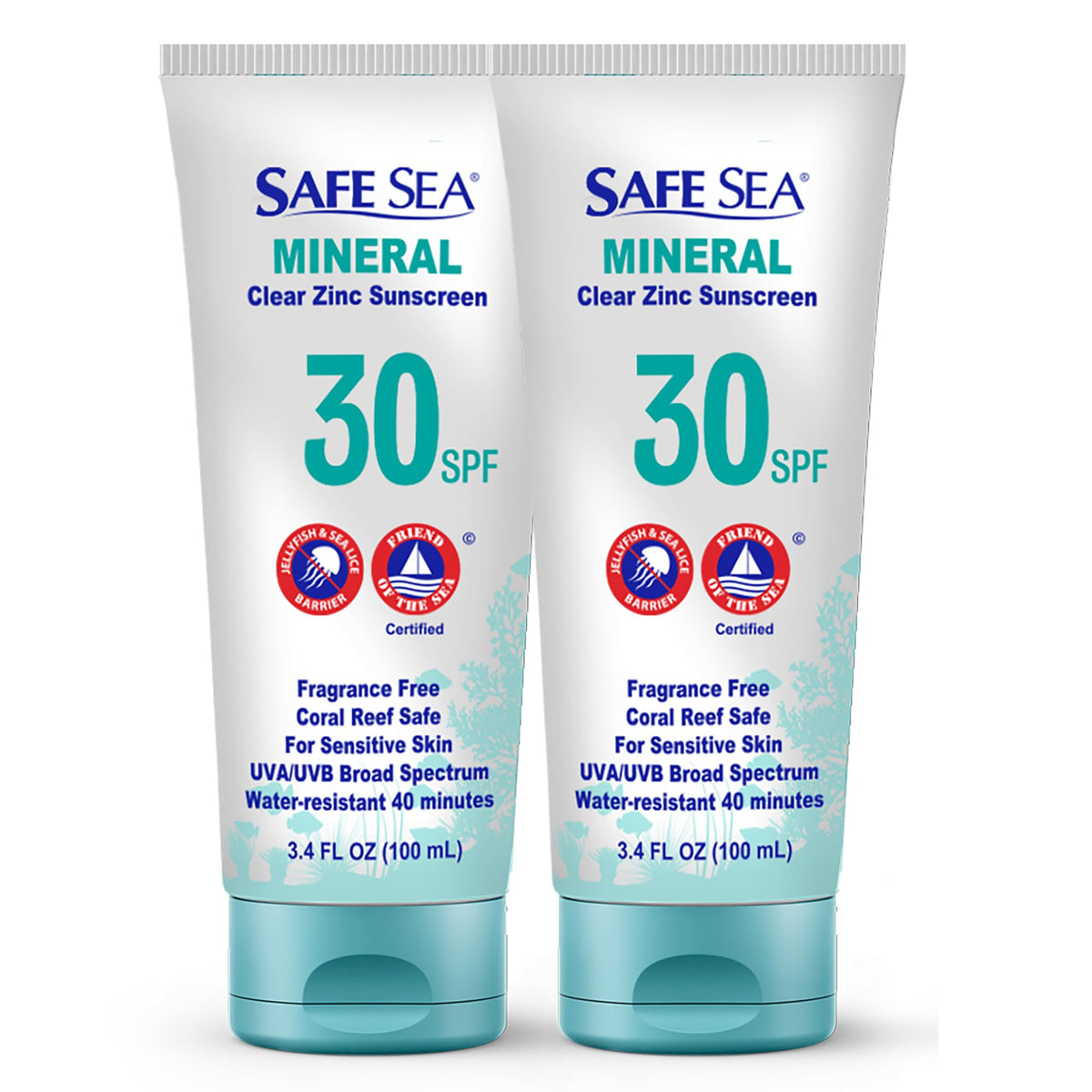 SAFE SEA front packaging showing SPF30 clear mineral lotion and benefits
