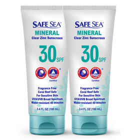 SAFE SEA front packaging showing SPF30 clear mineral lotion and benefits