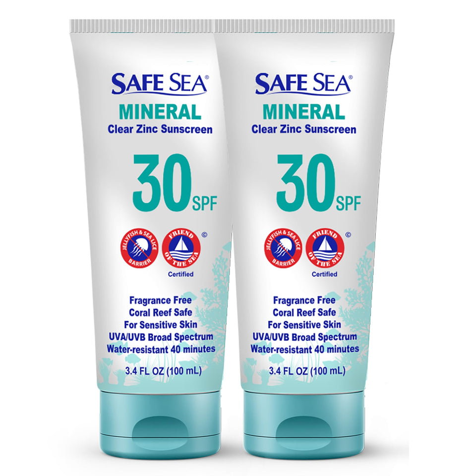 SAFE SEA front packaging showing SPF30 clear mineral lotion and benefits