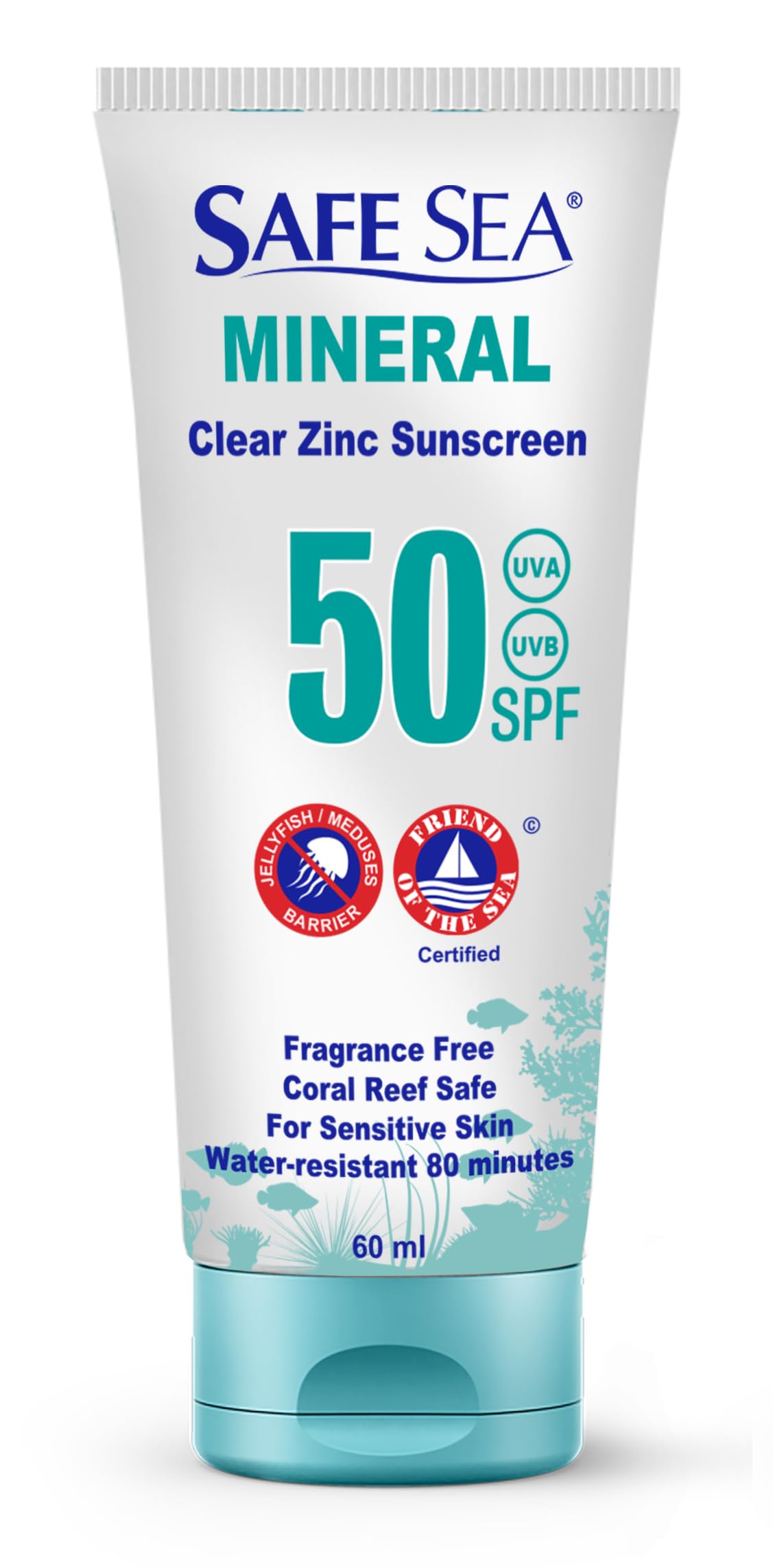 SAFE SEA front packaging showing clear zinc oxide and SPF50 protection