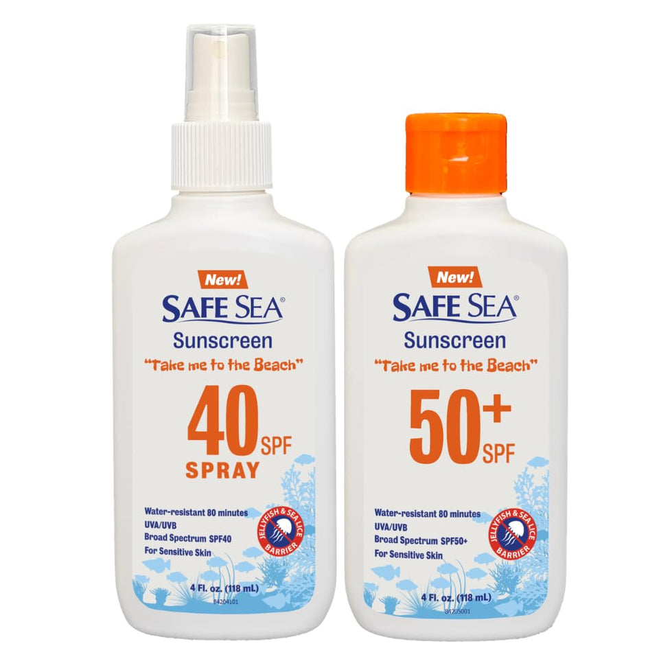 SAFE SEA front packaging showing SPF50 and jellyfish protection benefit