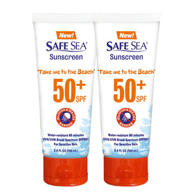 SAFE SEA front tube showing SPF 50 and protective benefit