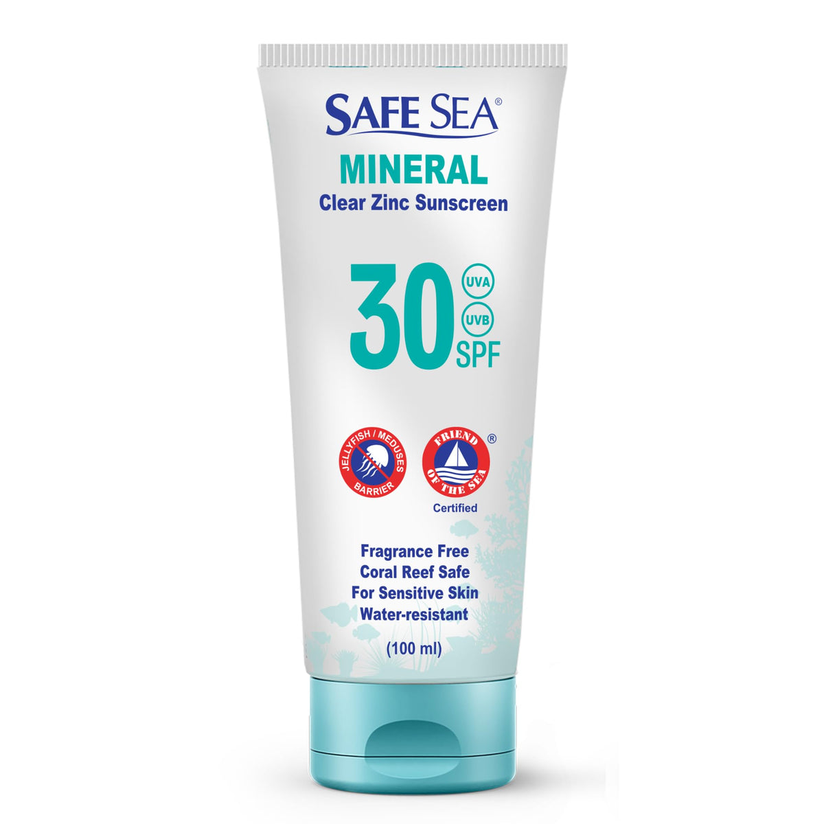 SAFE SEA front tube view showing clear zinc oxide sunscreen and portability