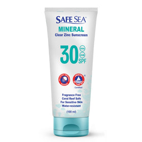 SAFE SEA front tube view showing clear zinc oxide sunscreen and portability