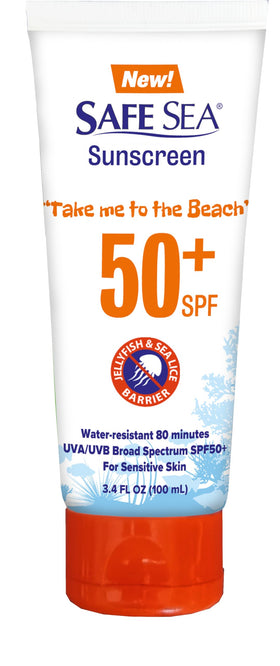 SAFE SEA front tube showing SPF 50+ label and waterproof benefit