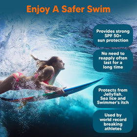 SAFE SEA applied on swimmer's arm at the beach showing water-resistant protection in use