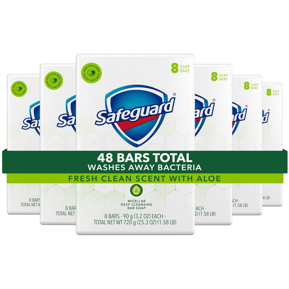 Safeguard bar soap front packaging showing white bars and pack benefits
