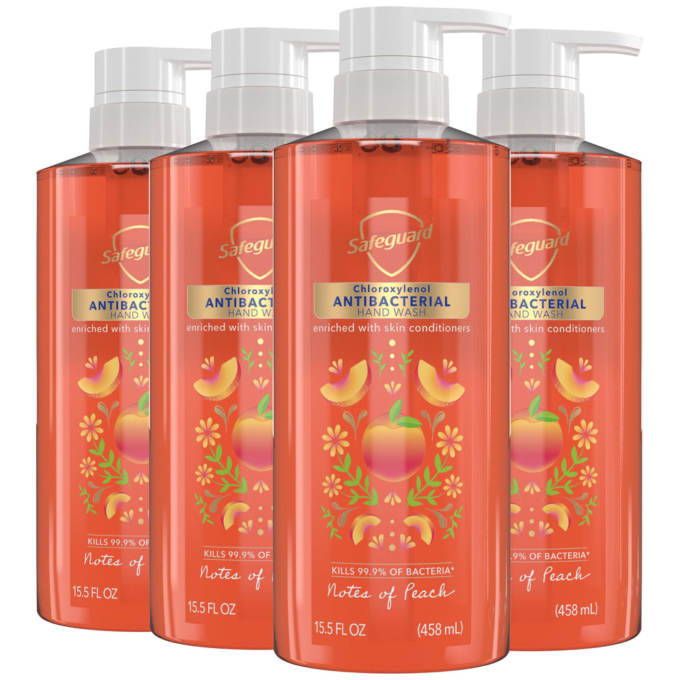 Safeguard bottle front packaging showing peach scent and benefits