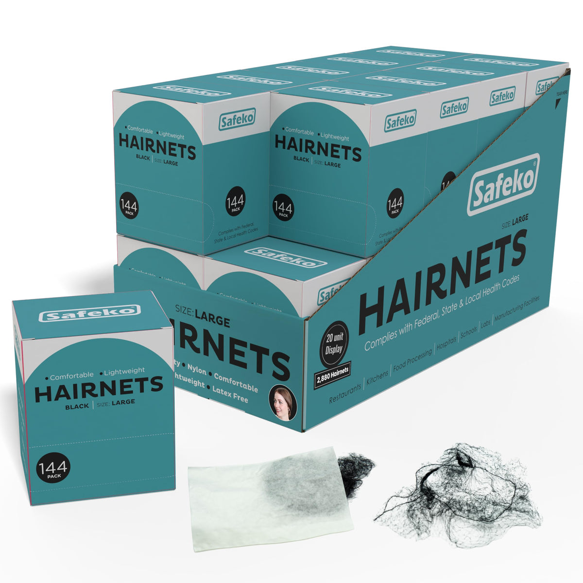 SAFEKO front packaging showing 144 hairnets for long shifts and inventory savings