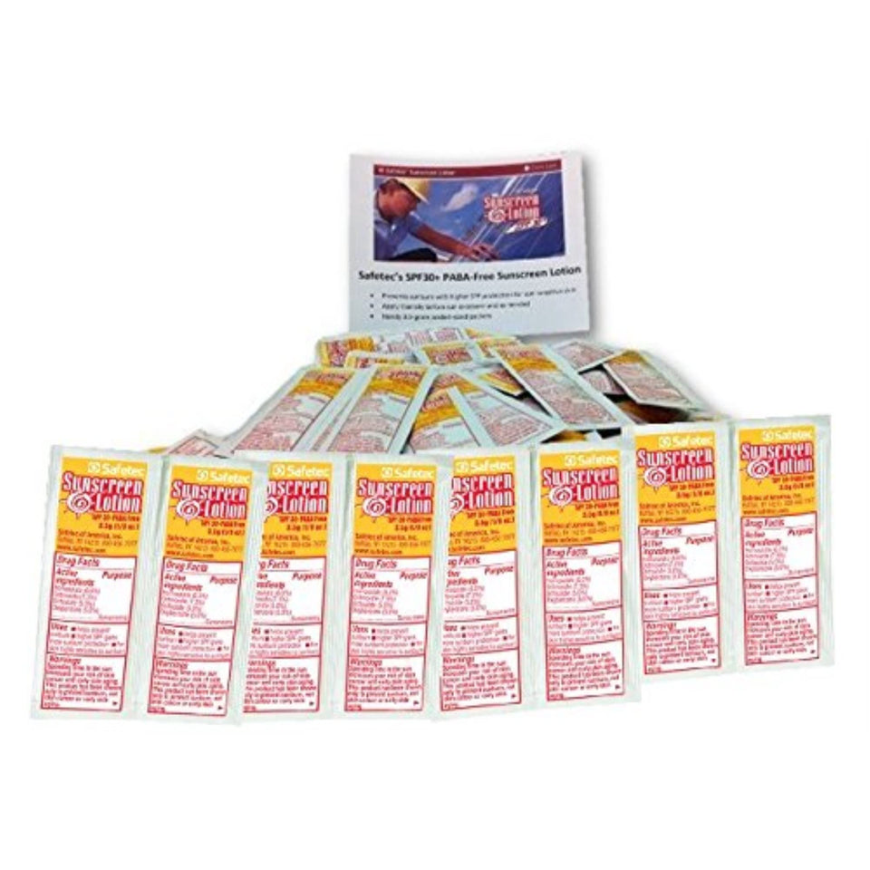 Safetec front view of 100 sunscreen packets showing compact convenience and protection