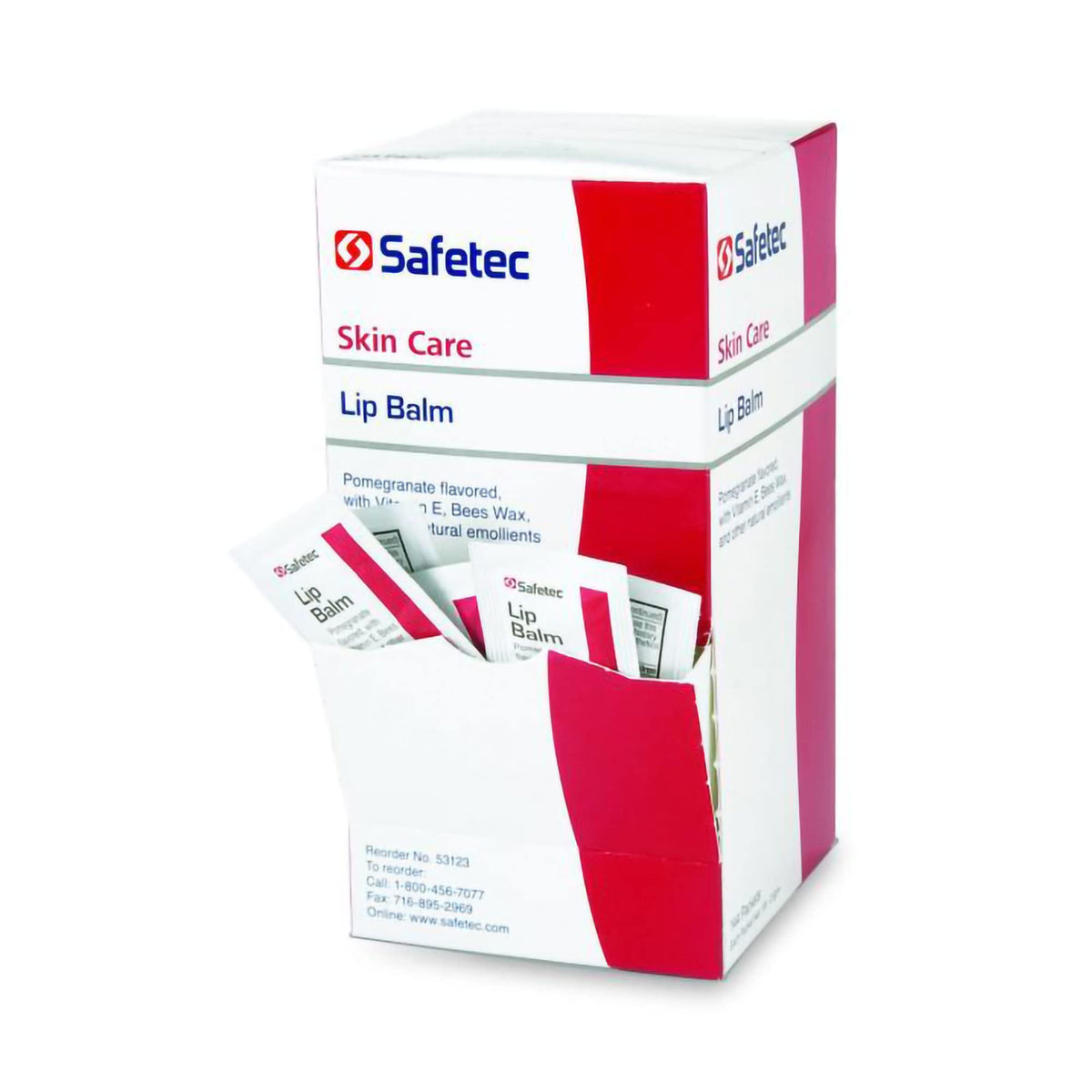 Safetec foil packet front view showing pomegranate balm packet, perfect for travel