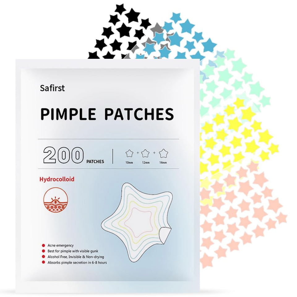 Safirst front packaging showing 200-count colorful acne patches for quick protection