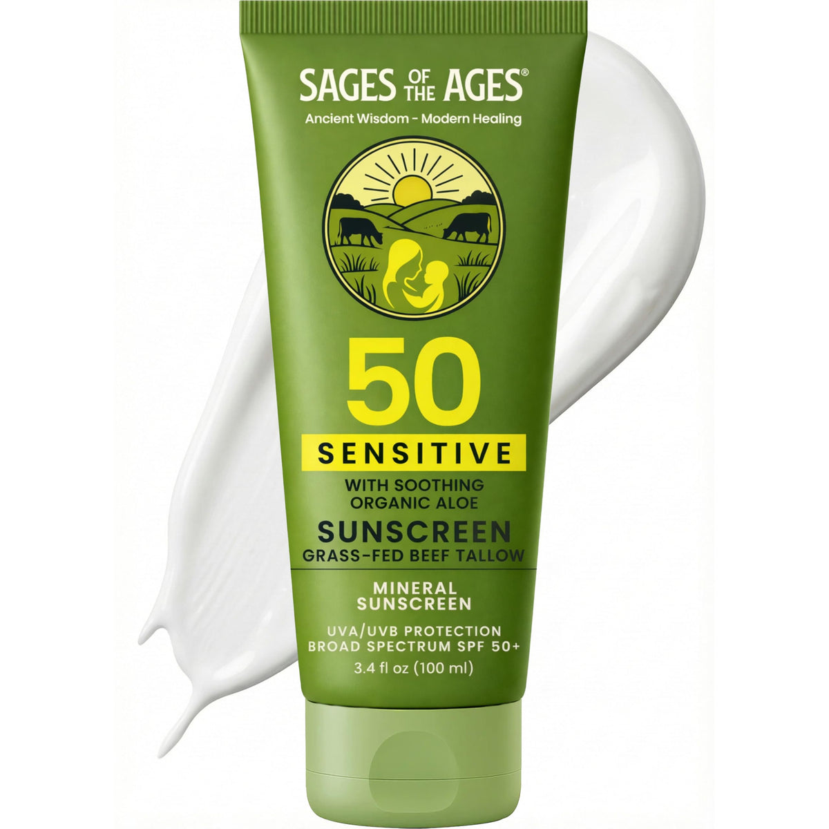 Sages Of The Ages front packaging showing SPF 50 and reef-safe benefit