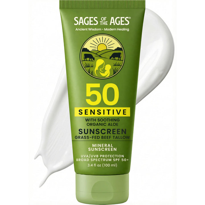 Sages Of The Ages front packaging showing SPF 50 and reef-safe benefit