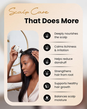 Sahha scalp application in hands illustrating targeted massage and soothing benefit