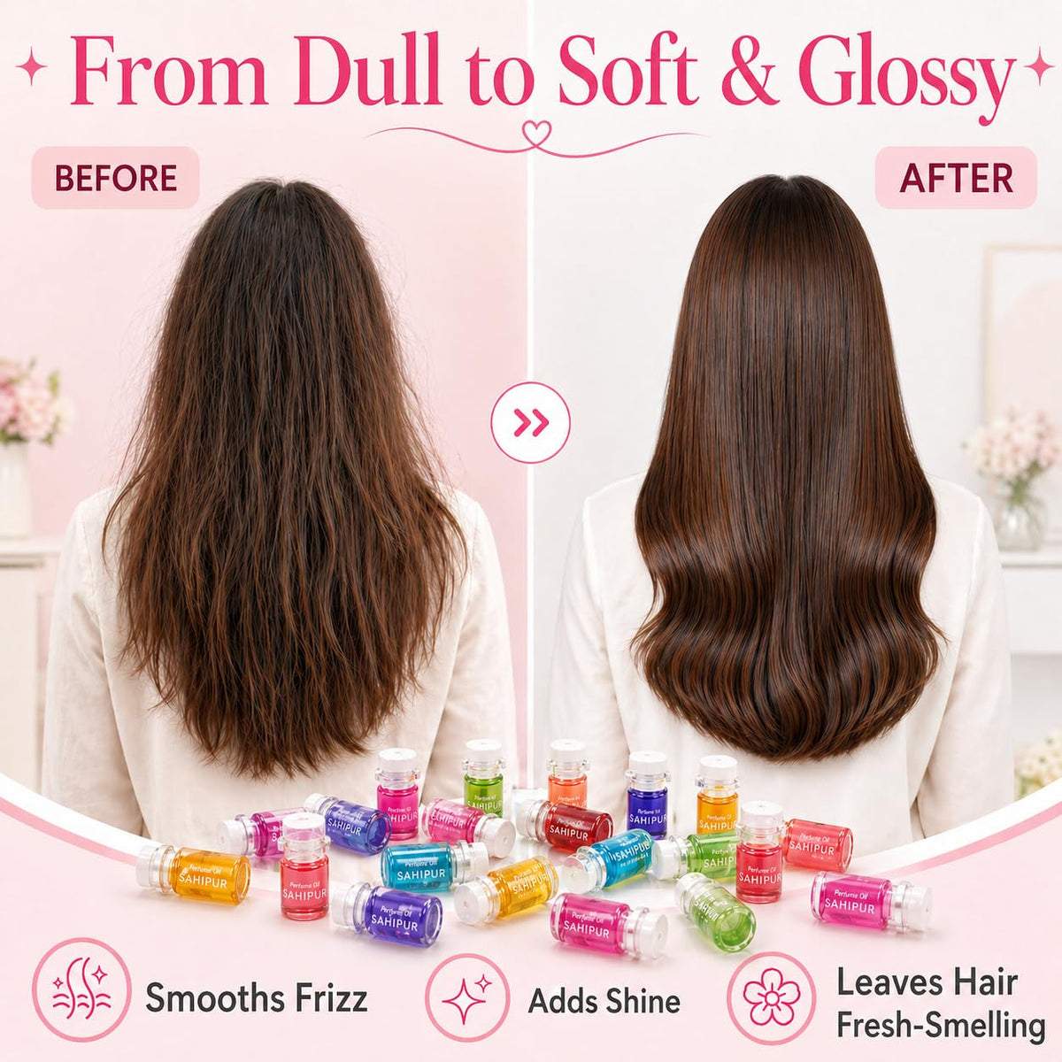 SAHIPUB application on hair ends showing nourishing shine and frizz control benefit