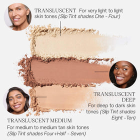 Saie applying powder with brush to control shine and set makeup