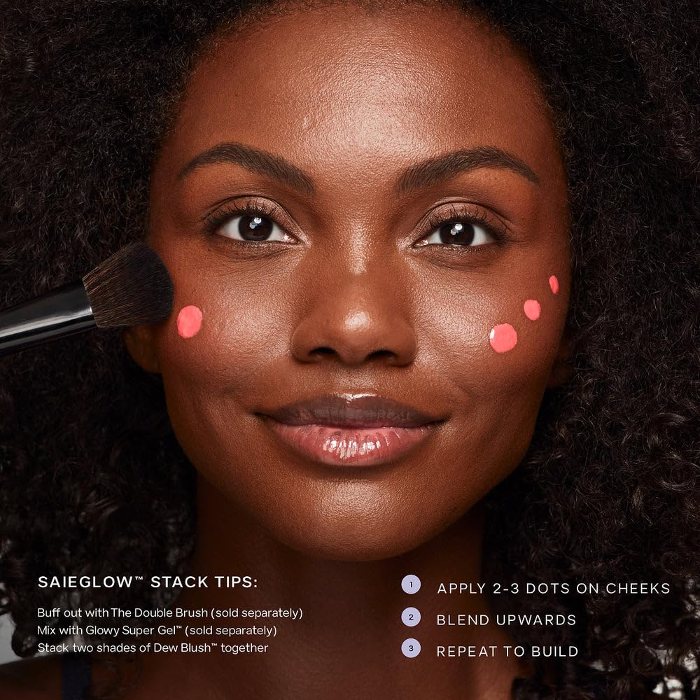 Saie application on cheek showing natural dewy finish and immediate blendability