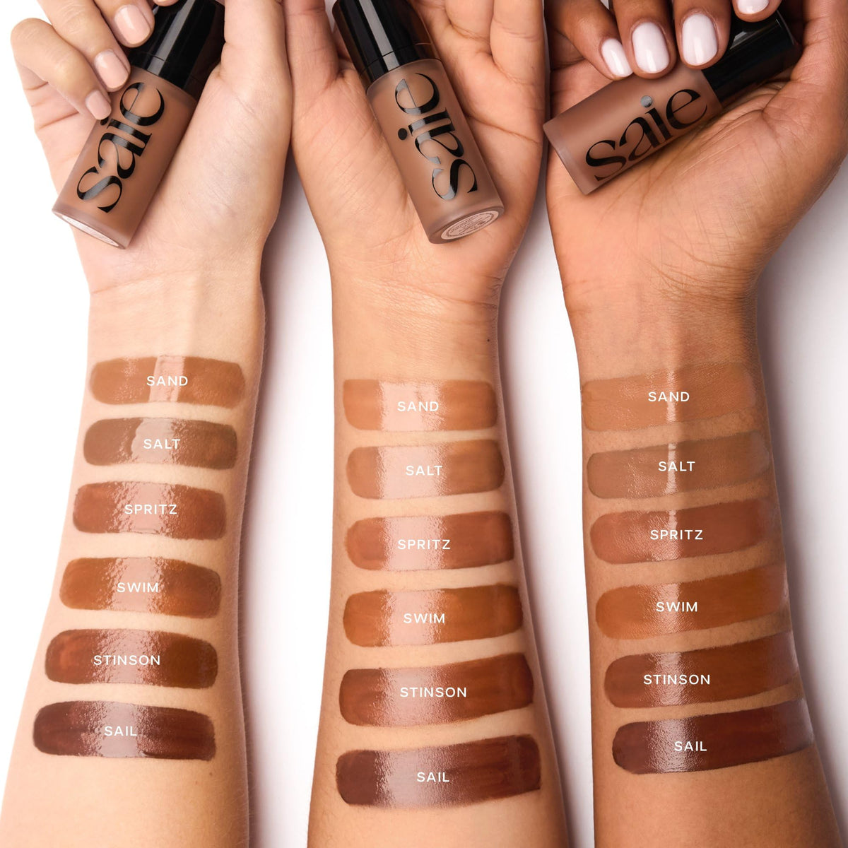Saie Dew Bronze swatches on skin showing six shades for matching diverse undertones