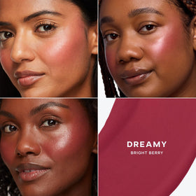 Saie blush applied on model cheeks showing natural dewy glow benefit