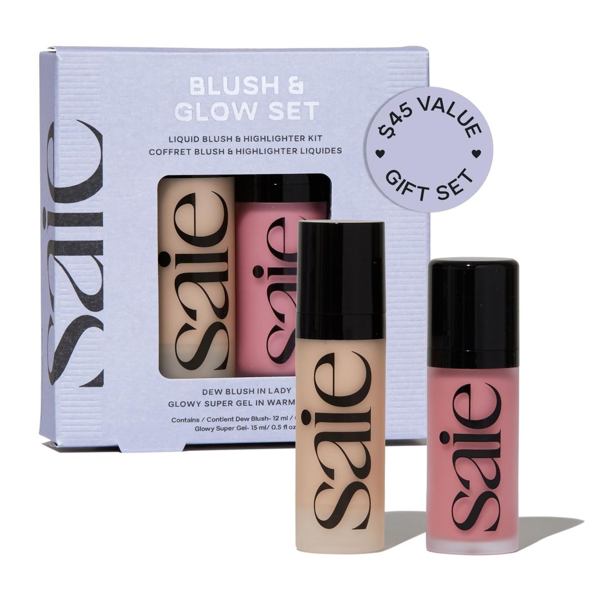 Saie front packaging showing both Dew Blush and Glowy Super Gel, ideal for gifting