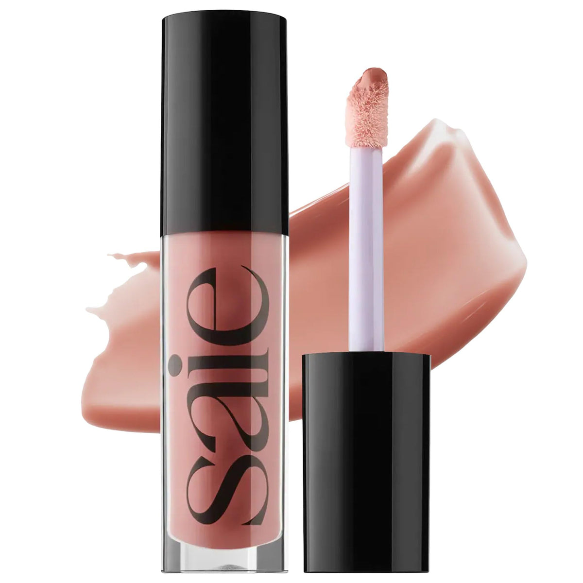 Saie Glossybounce tube front angled showing sleek packaging and wearable shine