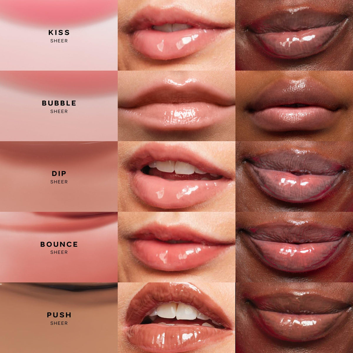 Saie Glossybounce shades flatlay with six sheer colors for easy shade comparison