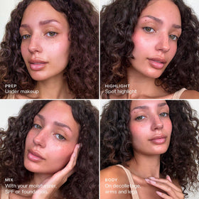 Saie Glowy Super Gel used on shoulders and collarbones to show all-over body illumination