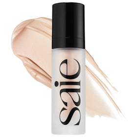 Saie Glowy Super Gel front bottle in Starglow showing compact one-ounce packaging and glow benefits