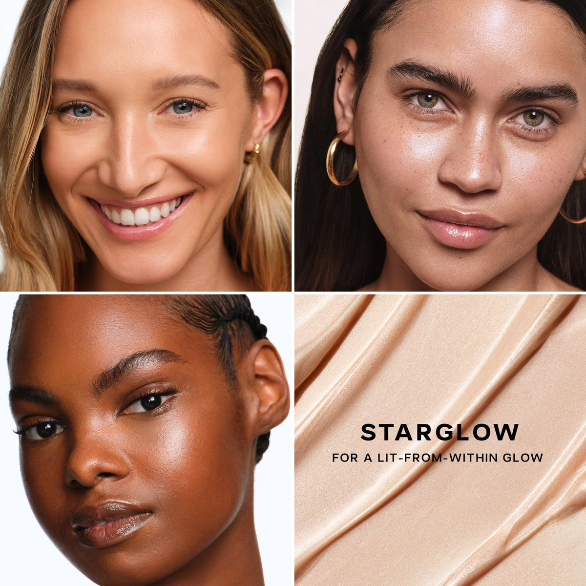 Three Saie Glowy Super Gel skin swatches on forearm showing sheer luminous coverage