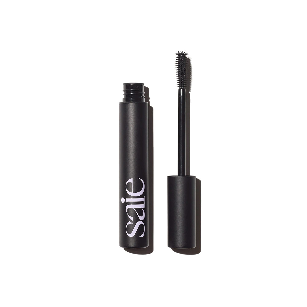 Saie mascara front view showing sleek black tube and bold finish benefit