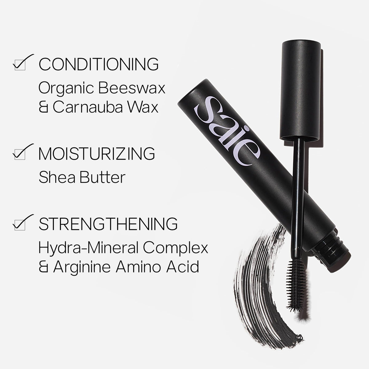 Saie mascara texture swatch demonstrating smooth, buildable pigment for bold lashes