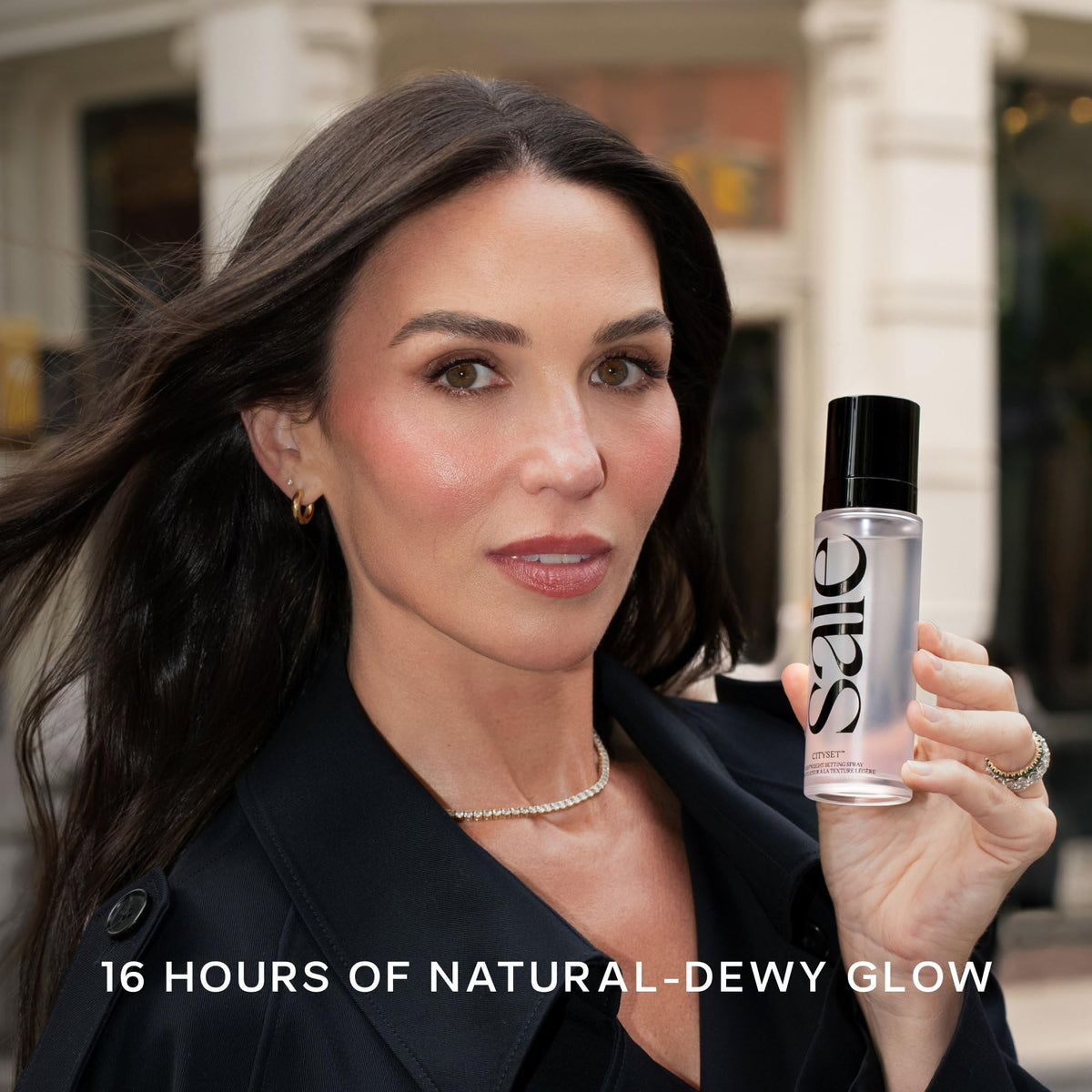 Saie mini CitySet sprayed on skin showing dewy finish benefit: natural radiance