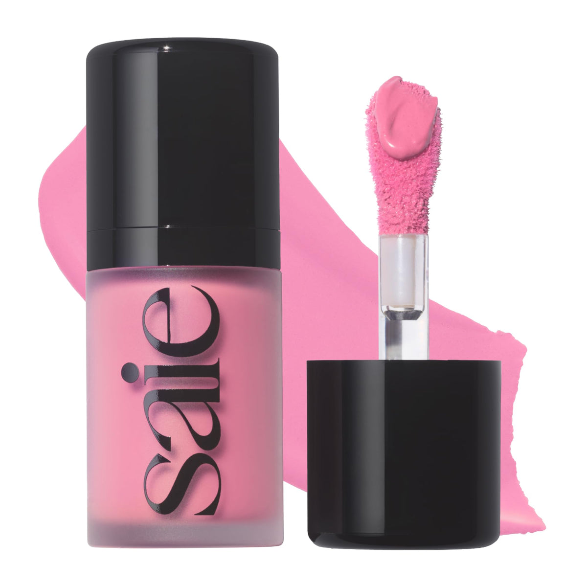 Saie front packaging showing compact travel-size and dewy finish benefit