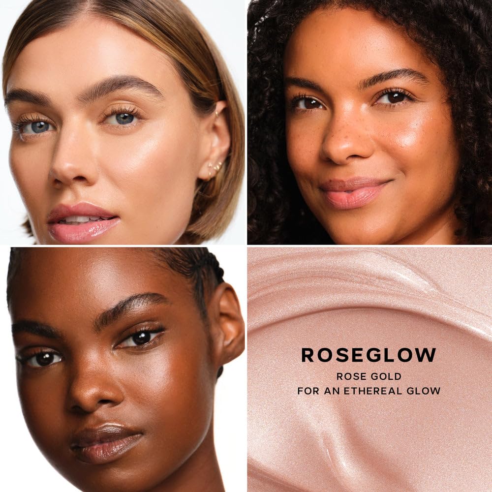 Saie Mini Glowy gel applied to cheekbone for luminous, natural highlight benefit