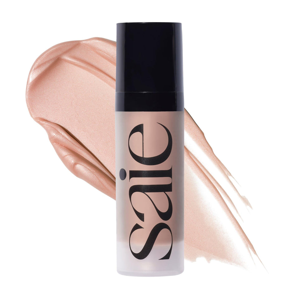 Saie mini Glowy Super Gel front bottle showing Roseglow shade and portability
