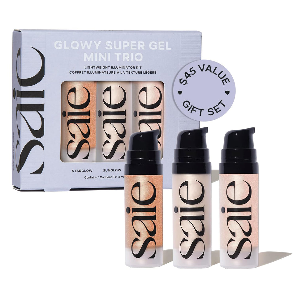 Saie front packaging trio showing three mini gels and instant glow benefit