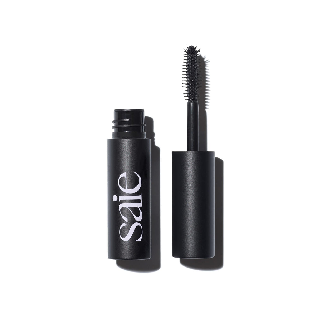 Saie mini mascara front tube showing compact black packaging and brand