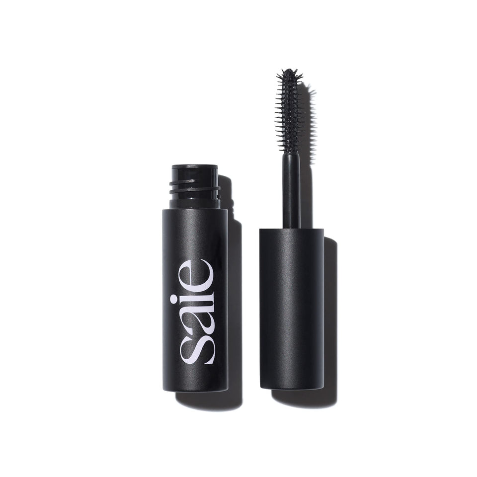 Saie mini mascara front tube showing compact black packaging and brand