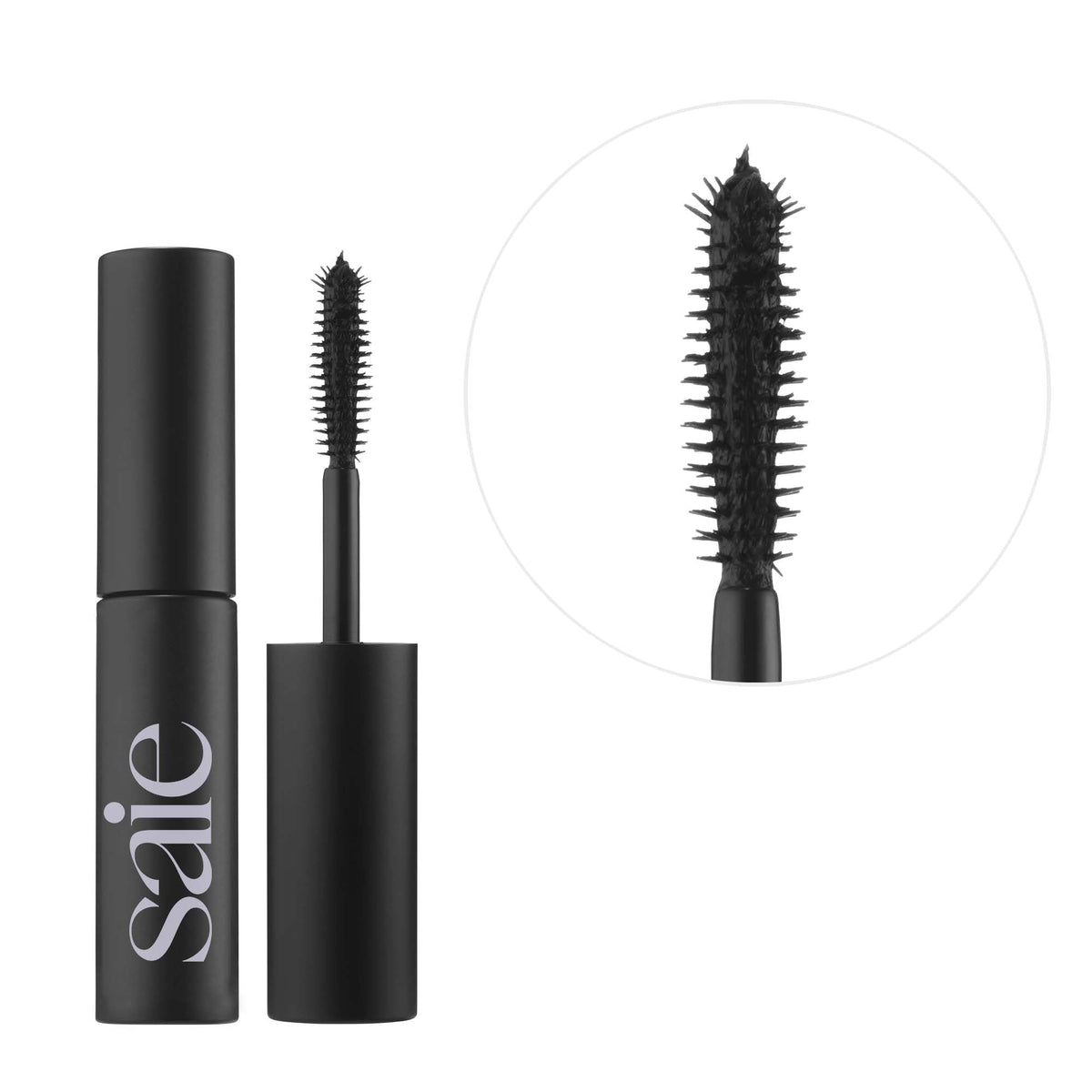 Saie mini mascara texture swipe showing smooth, buildable pigment benefit