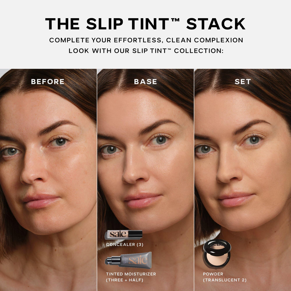 Saie Slip Tint bottle beside sunscreen bottle highlighting mineral SPF