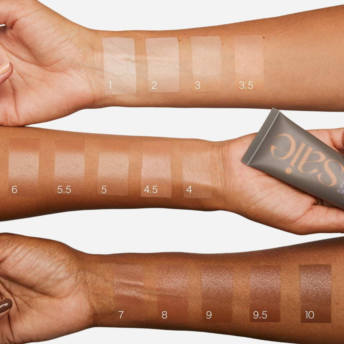 Saie Slip Tint close-up of shade Three + Half showing warm golden tone