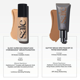 Saie Slip Tint on bathroom vanity with skincare items showing morning routine compatibility