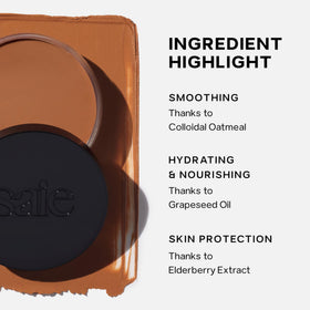 Saie Sun Melt ingredient display with elderberry and oatmeal, emphasizes soothing antioxidants