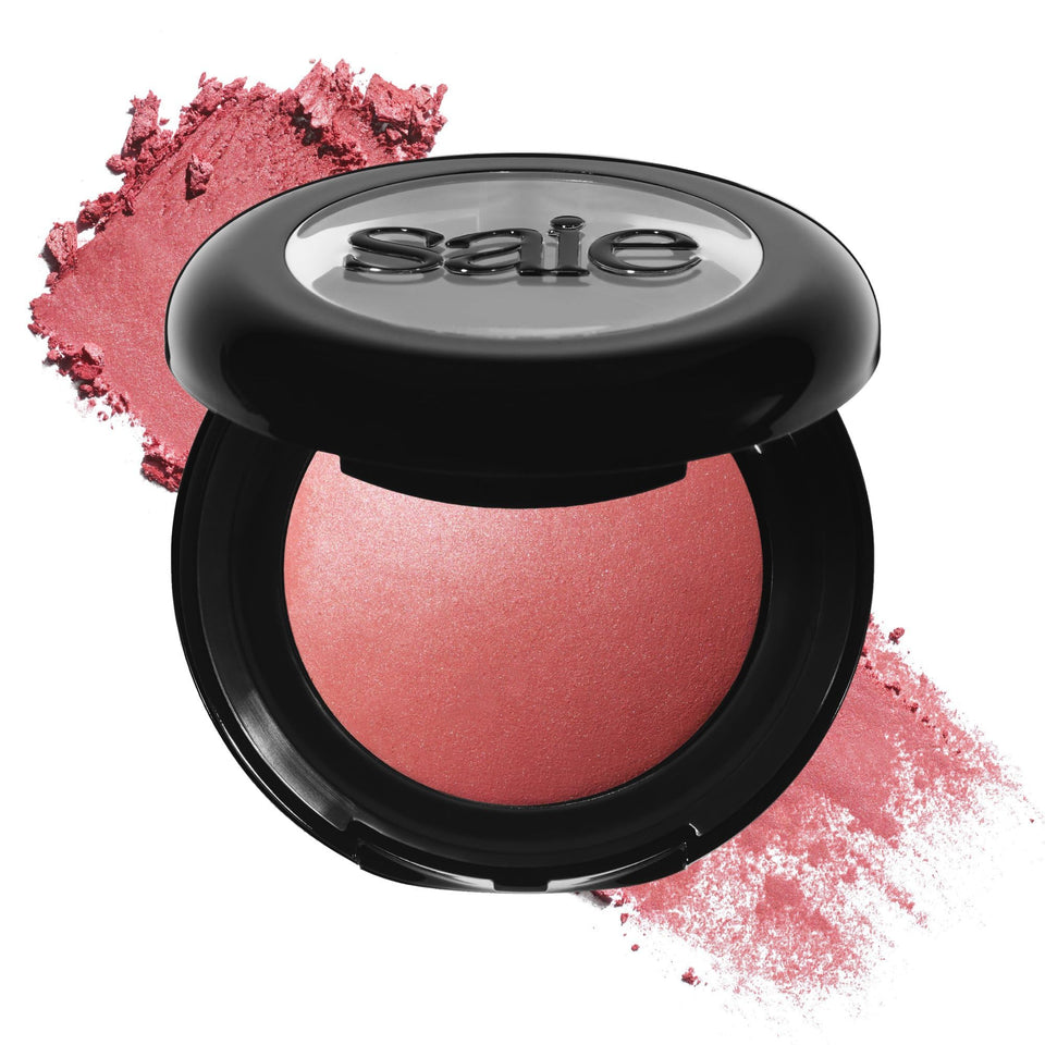 Saie compact front view showing shade Mia and clean design benefit