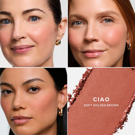 Saie SuperSuede swatch close-up demonstrating blended color payoff benefit: natural-diffused finish